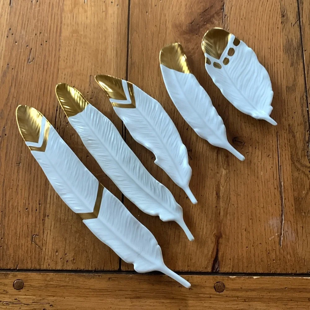 Ceramic Bird Feathers White and Gold Tipped Wall Hanging Ornaments Set of 5